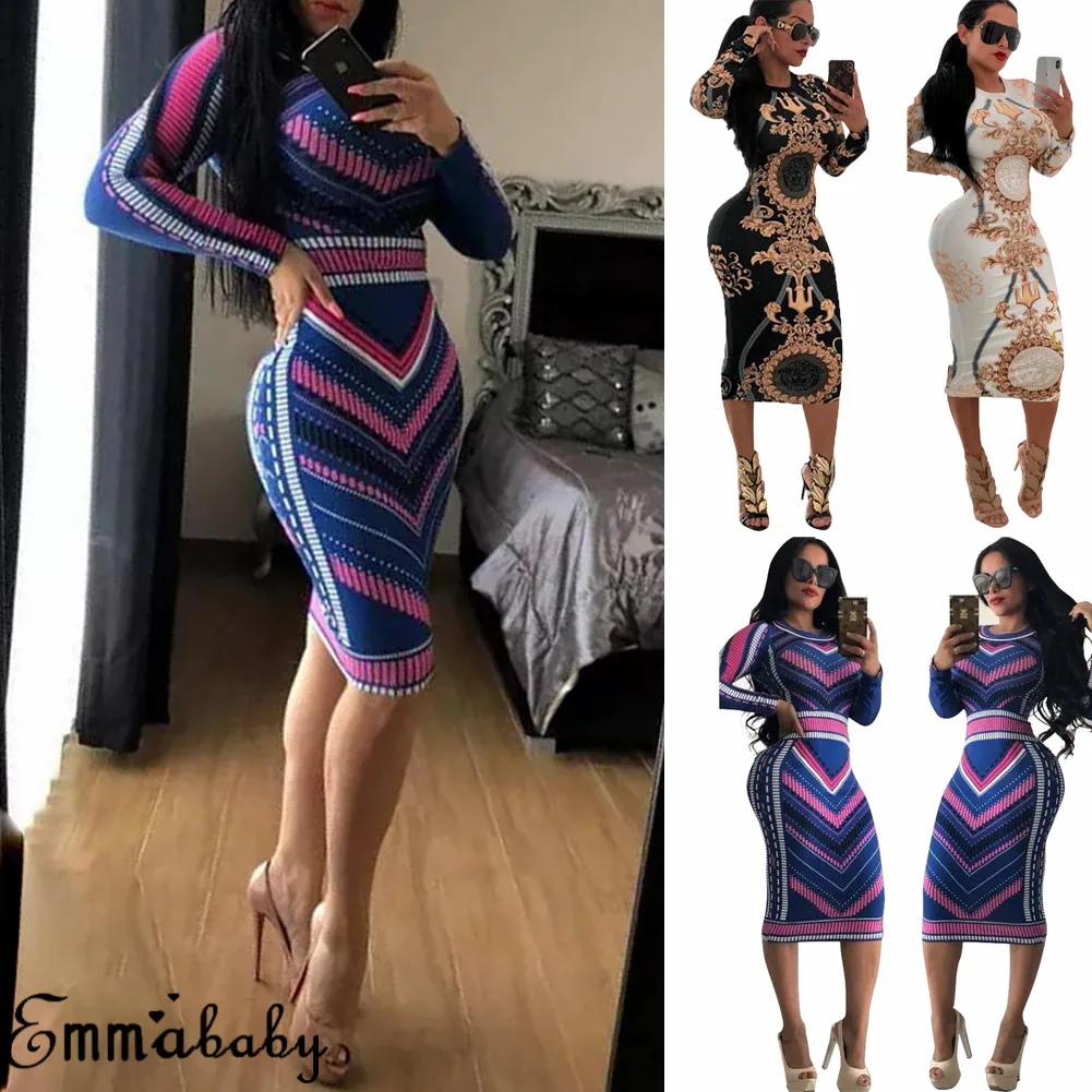 Винтаж ретро золотой печатью пикантные Для женщин Bodycon Вечерние Платье Повседневное с длинным рукавом Элегантная Дамская Клубная одежда карандаш платья