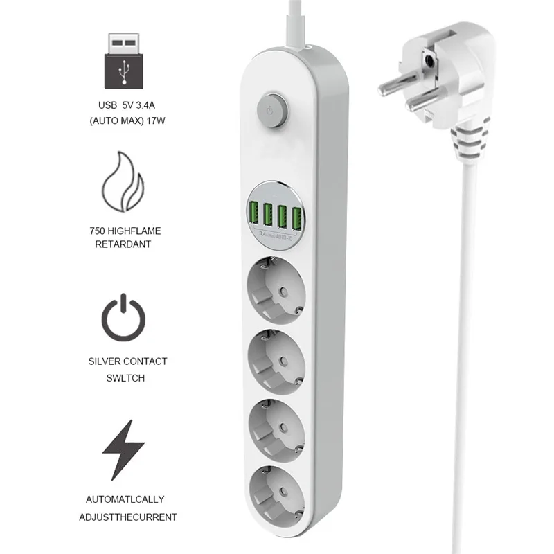 

Smart USB Power Strip Charging 4 USB Port 5V 3.4A Charger Adapters 4 AC Power Socket Outlets EU Plug Extension Socket