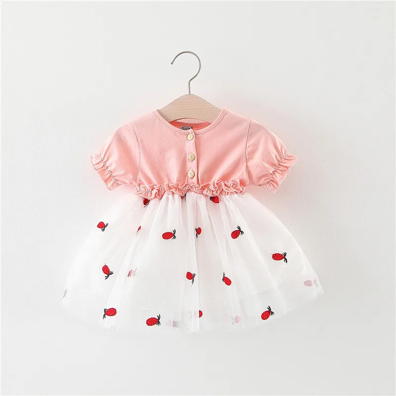 Pink-Short Sleeve Модное платье для малышей; платье с длинными рукавами для младенцев; одежда для маленьких девочек с вышивкой ананаса; весна г - Цвет: Pink-Short Sleeve
