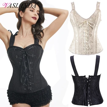 

VASLANDA Sexy Lace Up Gothic Corset Overbust Bustiers Burlesque Outfit Steampunk Corselet Zipper Shoulder Straps Tank Tops