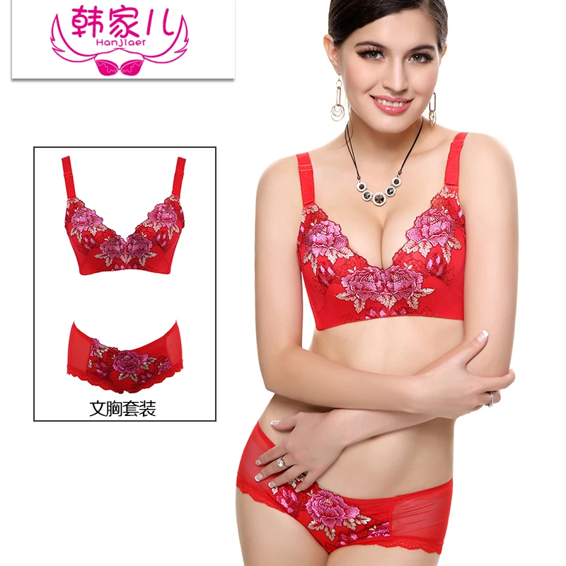 Spring and summer embroidery Sexy deep V gathered adjustable underwear ladies bra set thick cup comfortable breathable bra