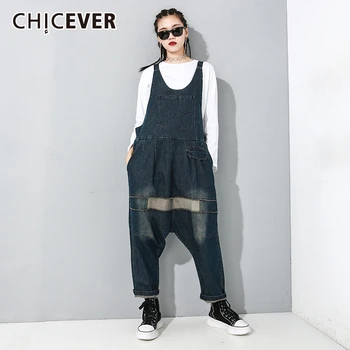 

CHICEVER Patchwork Hit Color Denim Jumpsuit Female Sling Sleeveless Pocket Oversize Loose Jumpsuits Women Clothes 2020 Autumn