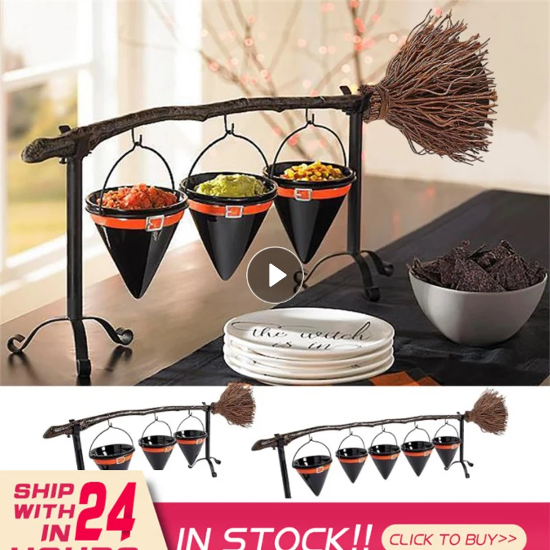 Halloween Broomstick Snack Bowl Stand Witch Hat Snack Bowl Shelf With
