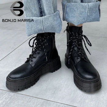 

BONJOMARISA Female Fashion Punk Platform shoes lace Ankle Boots Cool Motocycle Boots Women 2020 Brand Design Autumn Shoes Woman