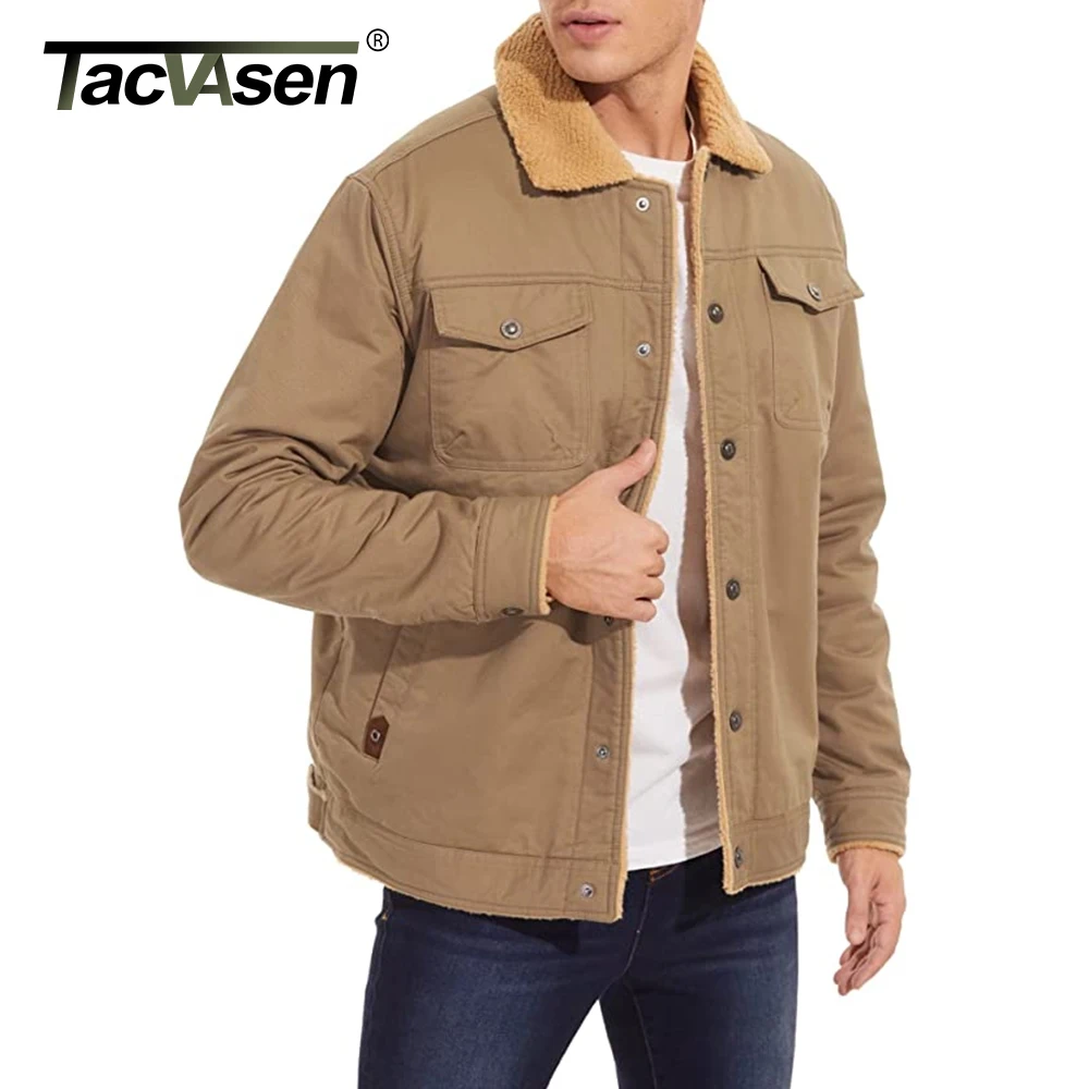 Turn-down Collar Winter Cotton Parka Coat Mens Sherpa Fleece Trucker Work Cargo Coats