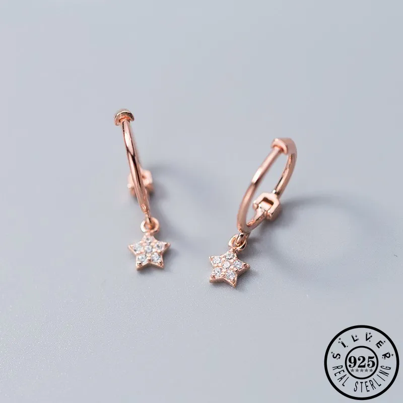 Girls 925 Sterling Silver Small CZ Star Rose Gold Color Hoops Piercing Earrings Cubic Zircon Ear Rings Fine Jewelry for Women | Украшения и