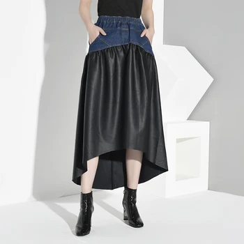 

[LANMREM] 2020 New Spring Summer High Elastic Waist Black Half-body Skirt Women Fashion Tide PU Patchwork Denim JO27301