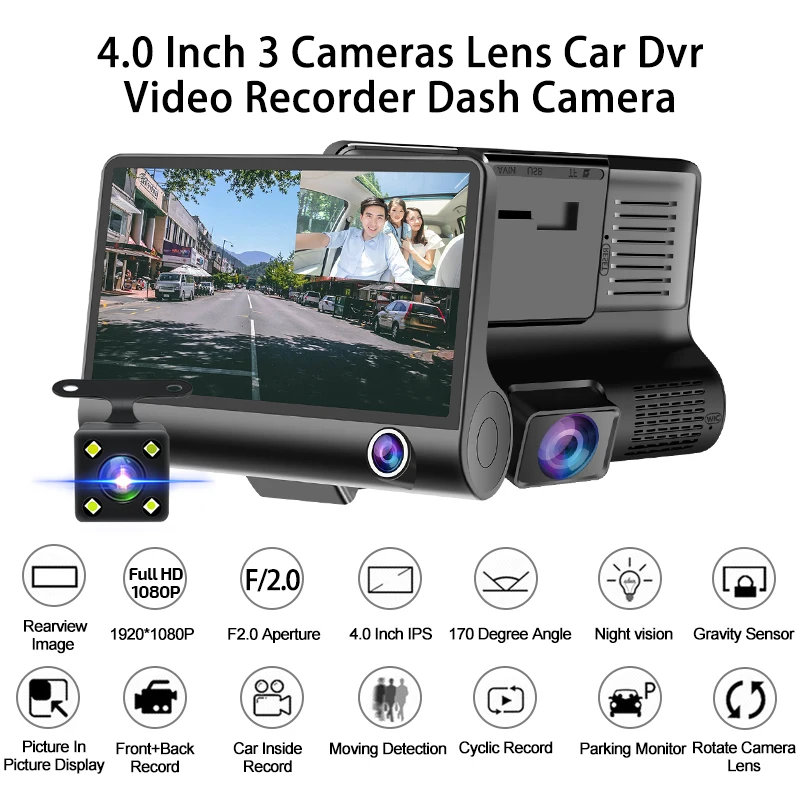 Автомобильный видеорегистратор с 3 объективами 4 дюйма FHD 1080P регистратор камерой
