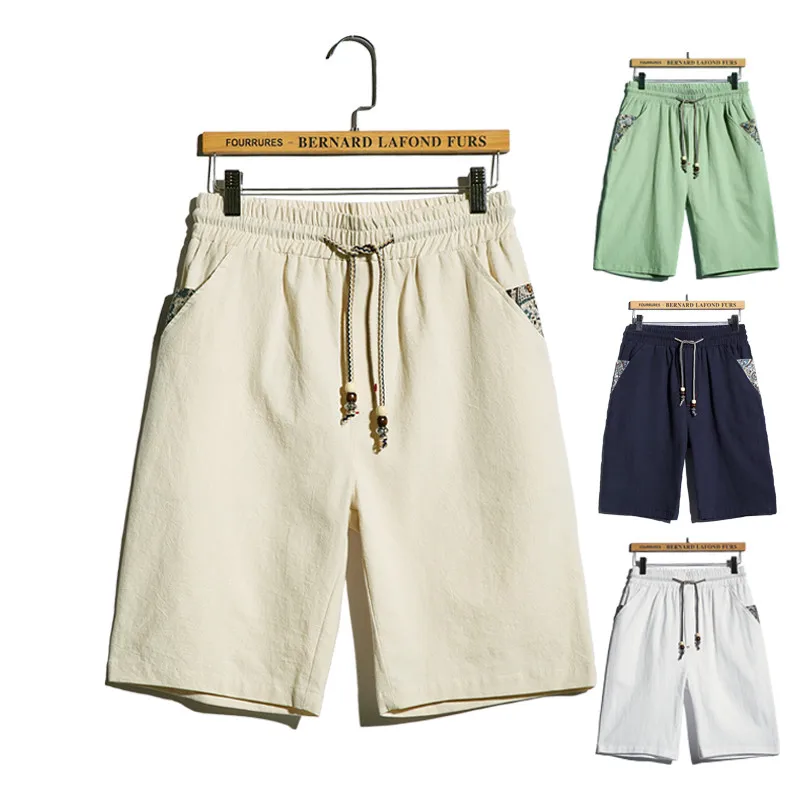 Летние мужские хлопковые льняные шорты до колен, белые, синие, бежевые, зеленые повседневные шорты 5XL