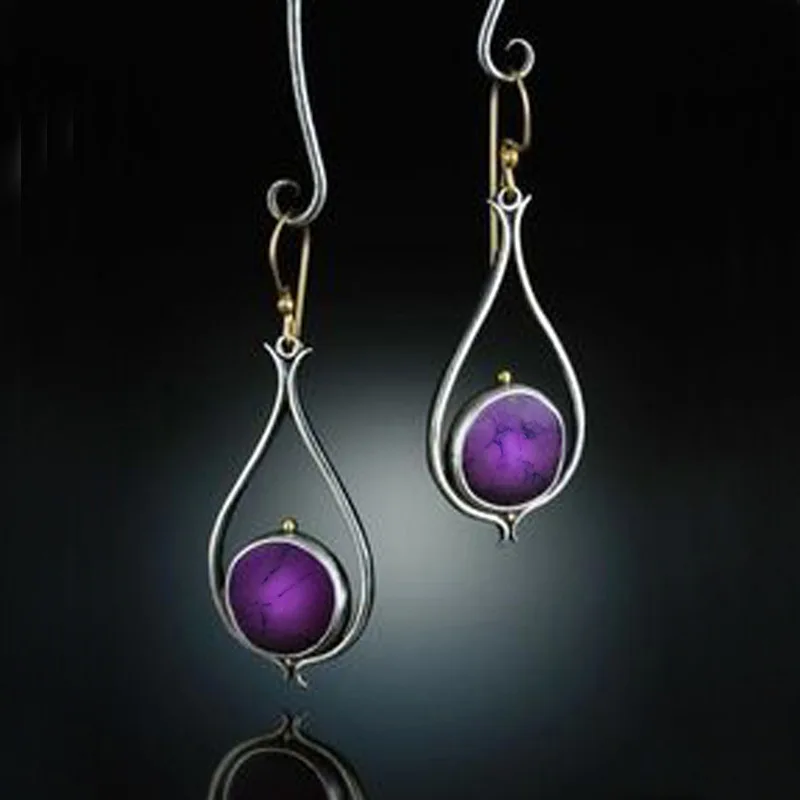 

Vintage Round Purple Stone Drop Dangle Earrings Female Silver Gold Dual Color Long Hanging Earrings Pendientes Mujer Z3D317