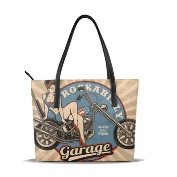 

PU Leather Handbags Vintage Sexy Girl On Motorcycle American Flag Women Bag Casual Female Bags Trunk Tote Shoulder Bag Ladies