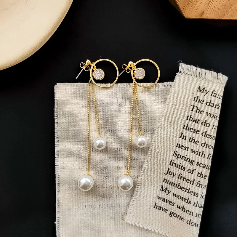 2020 New Cute Simple Girl Rhinestone Imitation Pearl Tassel Round Chain Long Drop Earrings for Women Fashion Jewelry Accessories | Украшения
