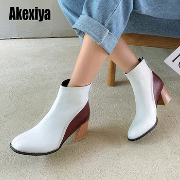 

Fashion Women Boots Square Heel Platforms Zapatos Mujer PU Leather Fashion ankle boots Colorblock Large size 43 u445