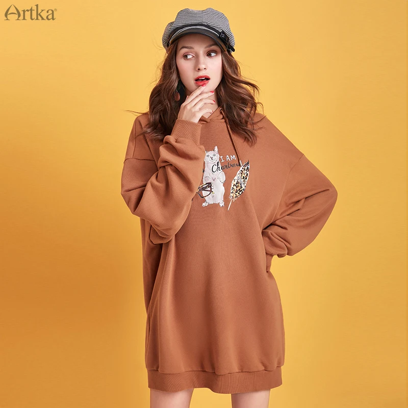 ARTKA, осенняя новинка, Женская толстовка, длинная, модная, с рисунком, толстовка, повседневная, с капюшоном, пуловер, большие размеры, толстовка, VA15191Q