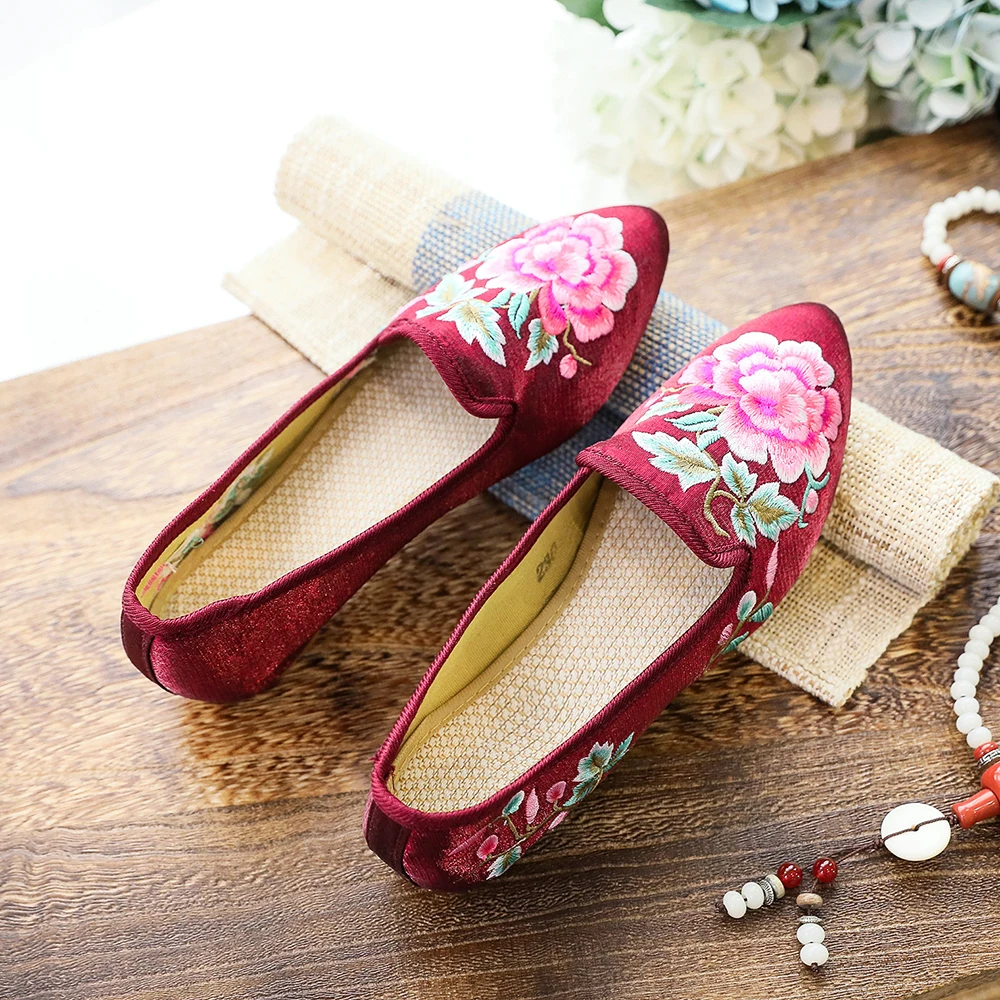 Women Floral Embroidery Mesh Flats, Fashionable Point Toe Ankle Strap  Ballet Flats