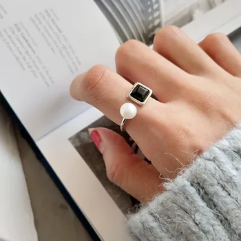 

South Korea Korean-style 925 Sterling Simple Elegant Versatile Pearl Agate Ring Rings