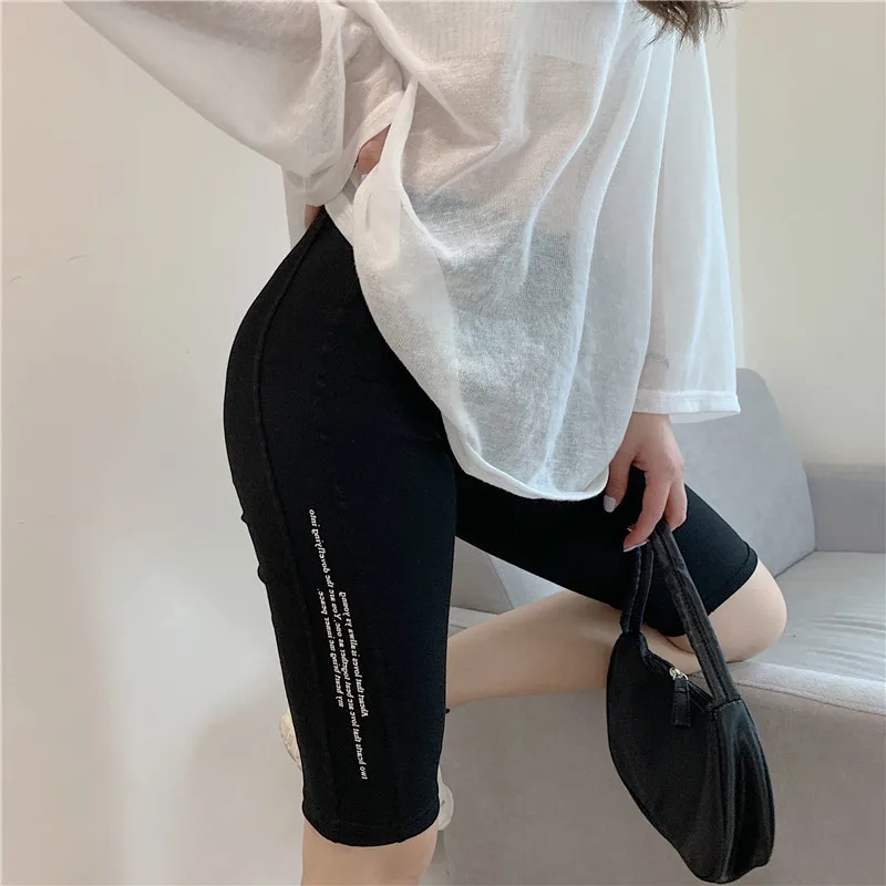 Summer Solid Color Leggings Letter Five-Point Pants Women Wear High Waist Slim Fit Wild Fashion Black Leggings F5A149