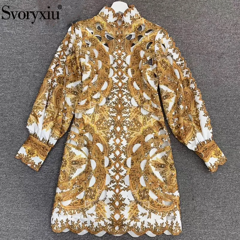 Svoryxiu Sexy Hollow Out Kralen Jurk Voor Vrouwen Stand Kraag Lantaarn Mouw Luxe Runway Herfst Party Vrouwelijke Jurken Nieuwe Svoryxiu Sexy Hollow Out Kralen Jurk Voor Vrouwen Stand Kraag Lantaarn Mouw Luxe Runway Herfst Party Vrouwelijke Jurken Nieuwe