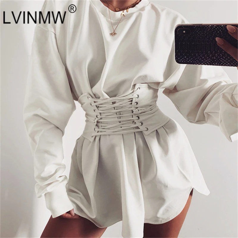 LVINMW Casual O Neck Long Sleeve With Bandage Cross Elastic Waist Dress Winter Women Slim Mini Dress Female Streetwear