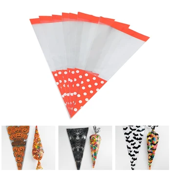 

50pcs/Lot DIY Candy Bag Wedding Favors Halloween Christmas Party Decor Sweet Cellophane Print Cone Storage with Organza Pouches