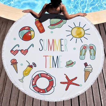 

Cartoon Icecream Sunshine Beach Towels Kids Girl Shawl Fringe Microfiber Round Fabric Bath Towels For Living Room Home Decor