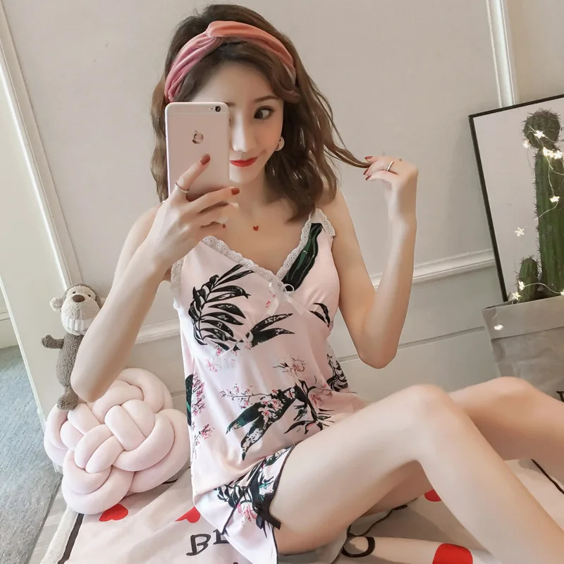 

2019 Summer Sexy Spaghetti Strap Pajamas Ladies Home Leisure Suit + Chest Pad 180 Grams M -Xxl Deconstructable