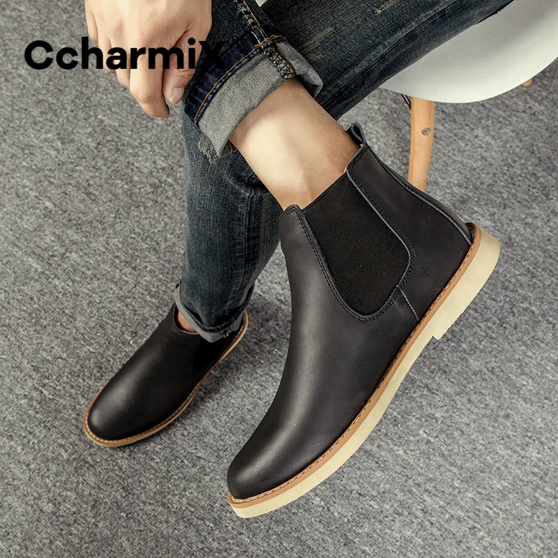 

CcharmiX Men Chelsea Boots Winter Warm Boots For Males Cow Leather Casual Boots Outdoor Street Simple Style Fashion Shoes