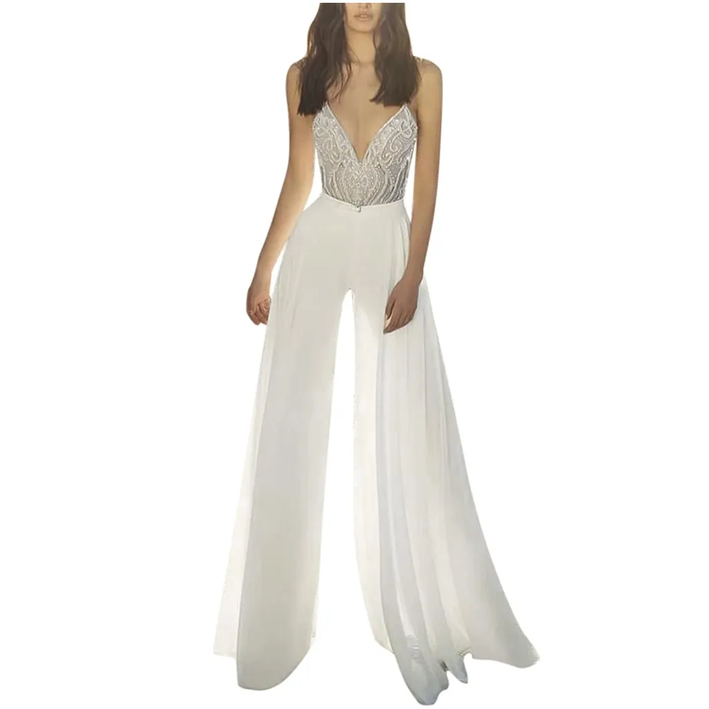 Womail Jumpsuit Women Spaghetti Strap Sequin Backless Jumpsuit Sexy Sleeveless White long Wide leg Jumpsuit Summer elegant party