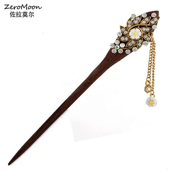 

Classical Wood Hair Stick Bridal Crysral Rhinestone Flower Hair Accessories Vintage Leaves Hairpin Women Tassel Fashion Jewelry