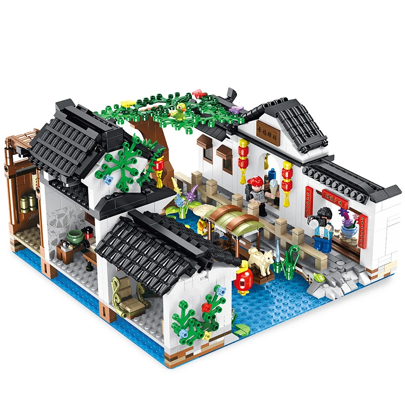 

Classic Chinese New Year's Eve Dinner Building Blocks Hui Style Architecture Bistro Water Village Bricks Model Toys for Kids