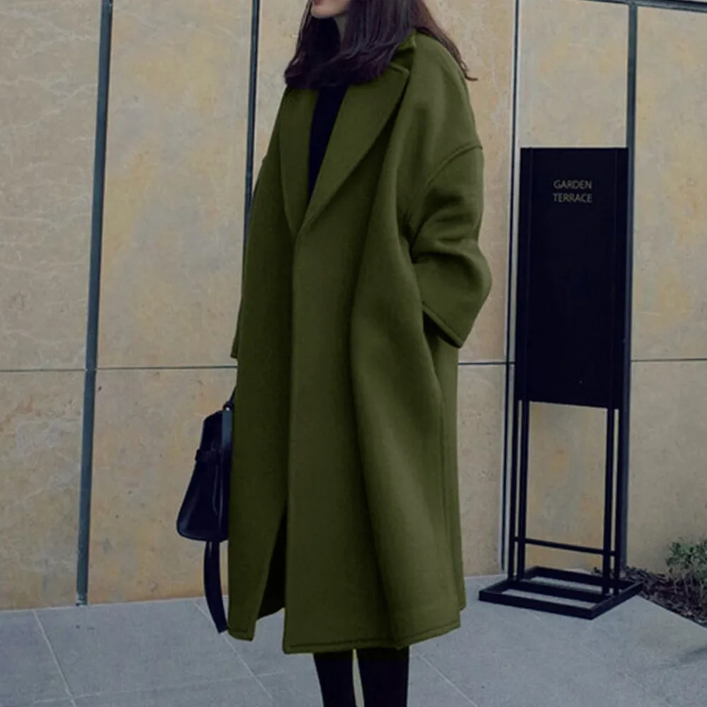 

2019 Winter Women Long Woolen Coat Casual Fluffy Warm Faux Wool Solid Color Pockets Oversized Cardigans Ladies Wool Coat