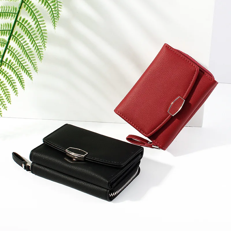 

New multi-card wallet student short three-fold wallet multifunctional zipper coin purse female lychee pattern card holder
