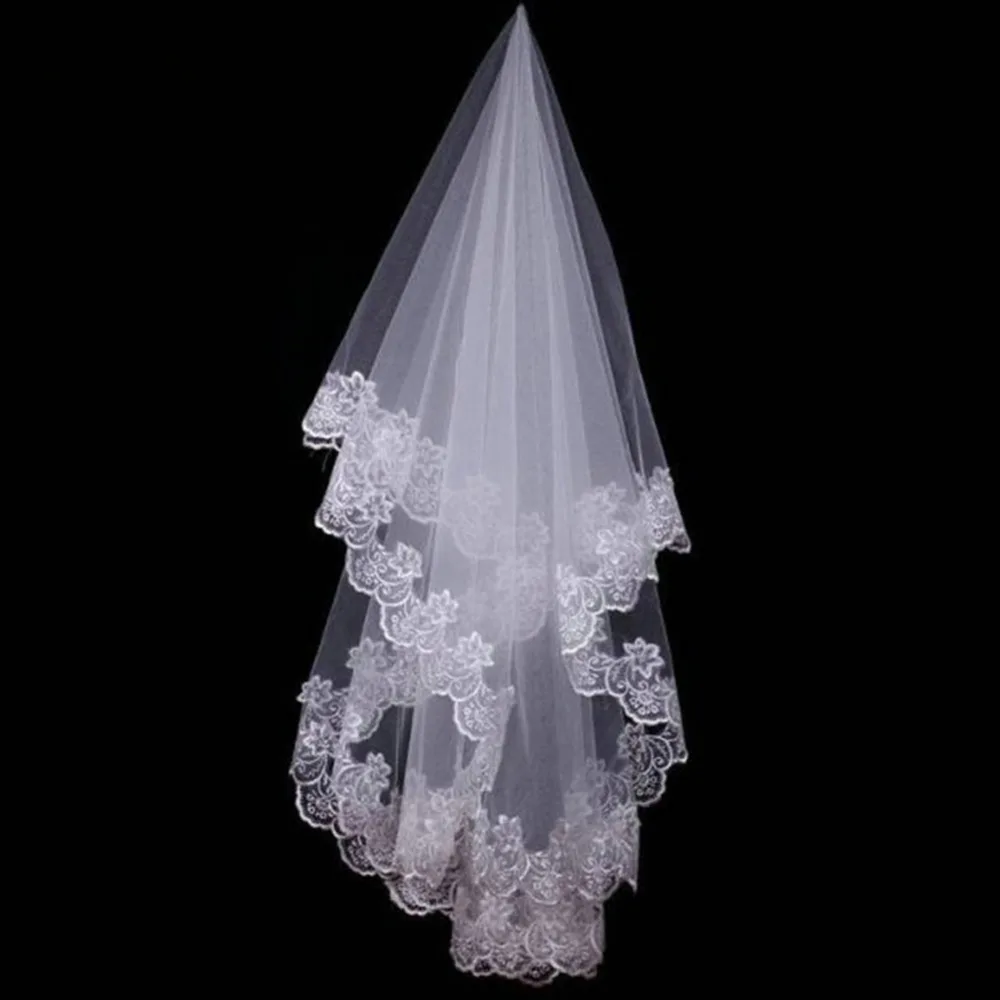 Hot-Wedding-Accessories-Short-Wedding-Veil-White-Ivory-One-Layer-Bridal-Veil-Appliques-Lace-Edge-No