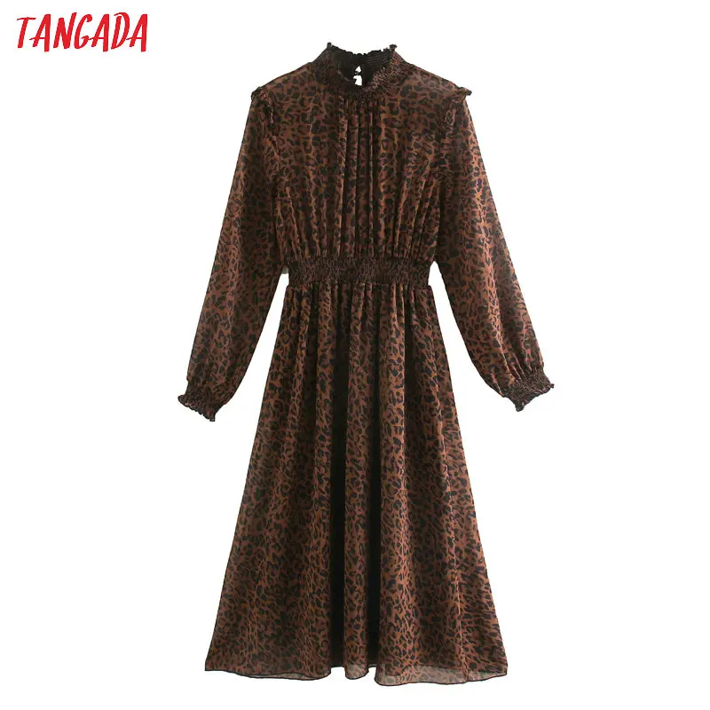 

Tangada women animal print leopard dress chic ruffles neck buttons long sleeve ladies elegant midi Dress Vestidos JE201
