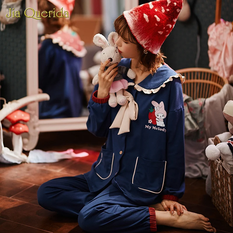 

Sleepwear Pajamas Women Set Pijama Set Front Pocket Turn Down Collar Long Pants Long Sleeve Buttons Cartoon Printing Pjs Woman