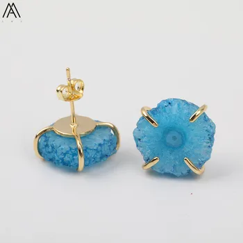 

5Pairs/Lot Natural Druzy Agates Sun Flower Gold Stud Earrings Fashion Women Druzy Stone Earstuds Earrings Jewelry HS-54AMAC