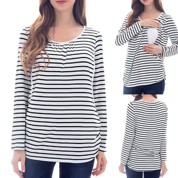 

vetement femme Women Maternity pregnant top and blouses clothes Long Sleeve Striped Nursing Tops T-shirt For Breastfeeding