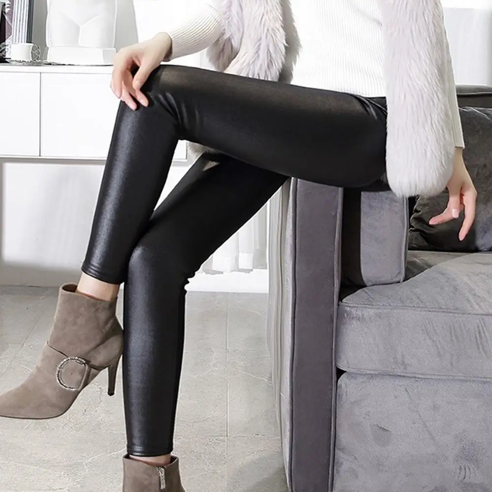 

Fashion Women's Solid Black High-waist Elastic Pencil Pants Sexy Tight PU Coating Imitate Leather Trousers