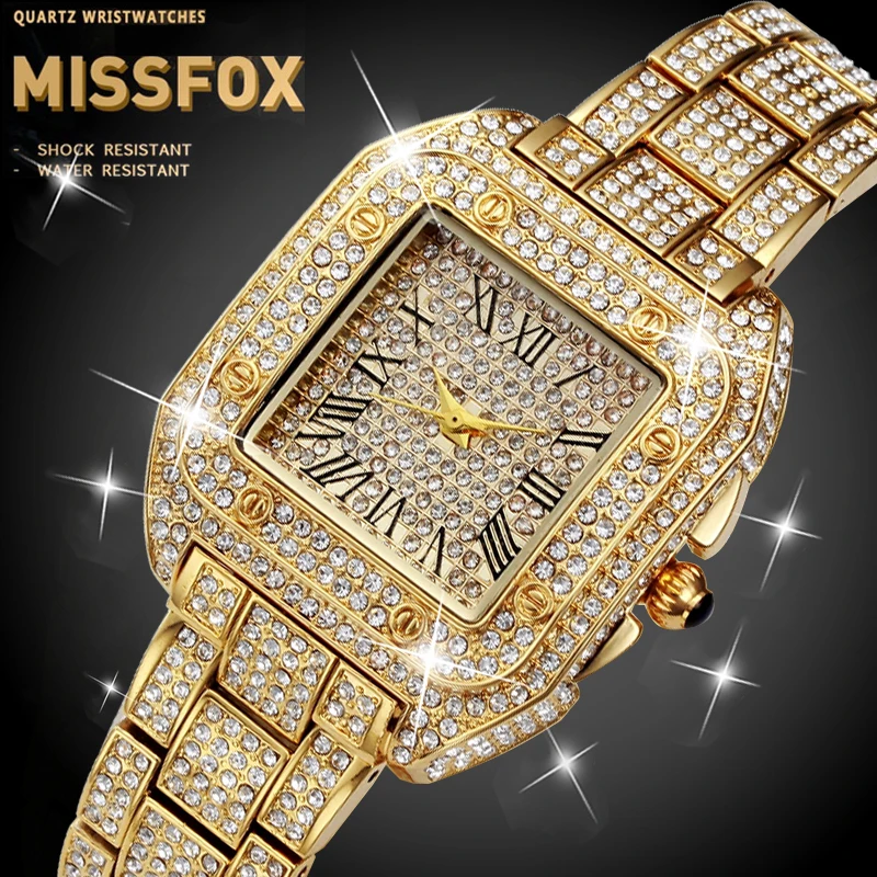 

MISSFOX Square Mens Wrist Watch Waterproof Steel Tank Luxury Brand Iced Out Santos bracelets FF Unique Mens Diamond Watch