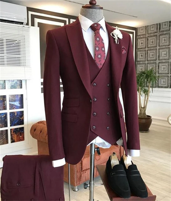 2021 Burgundy Double Breasted Vest Costume Homme Men Suit For Wedding Groom  Wear Prom Best Man Blazer Slim Fit 3 Pieces Terno - AliExpress