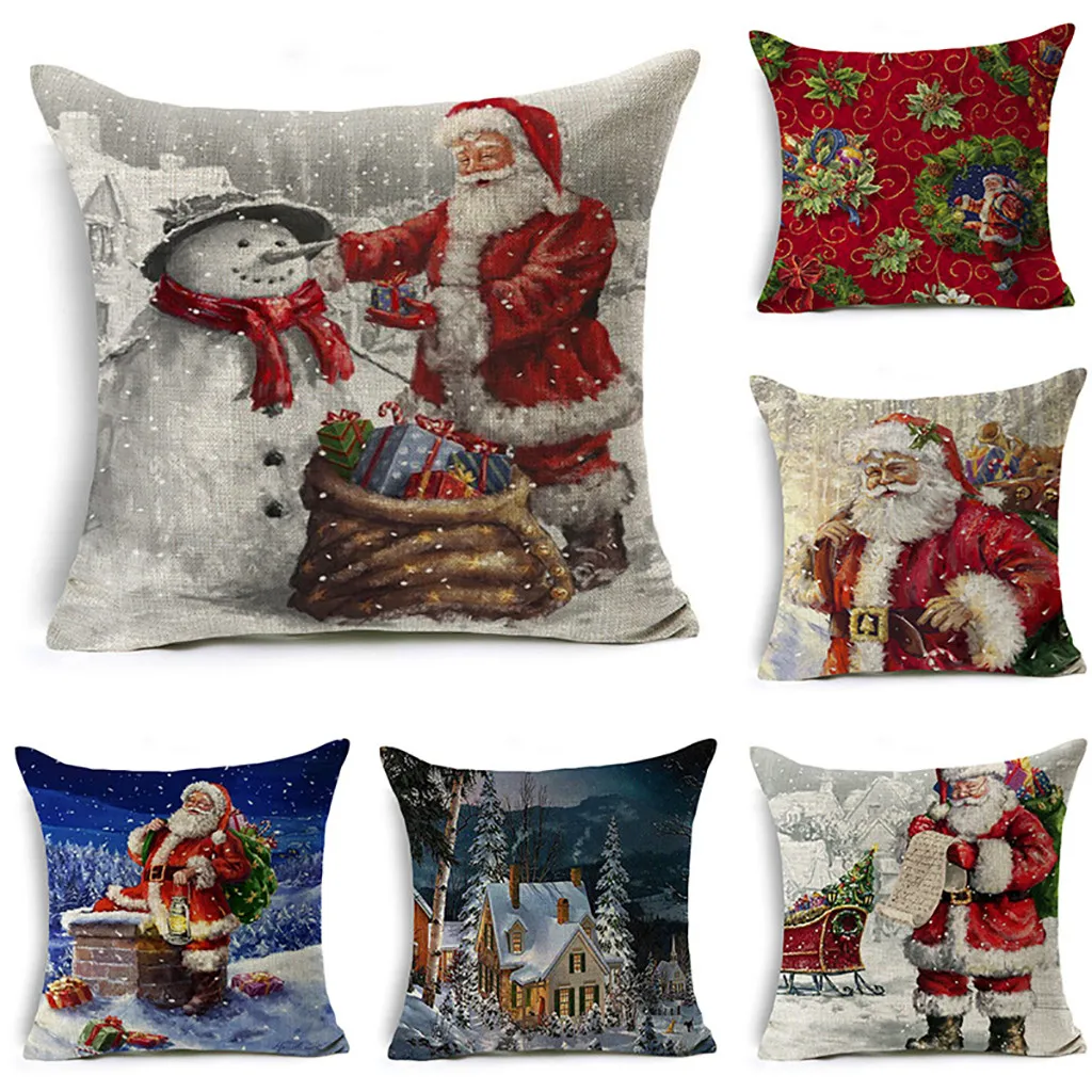 

Pillowcases Merry Christmas Linen Santa Pillow Case Sofa Cushion Cover Home Decoration Kussenhoes Housse de Coussin Cojines