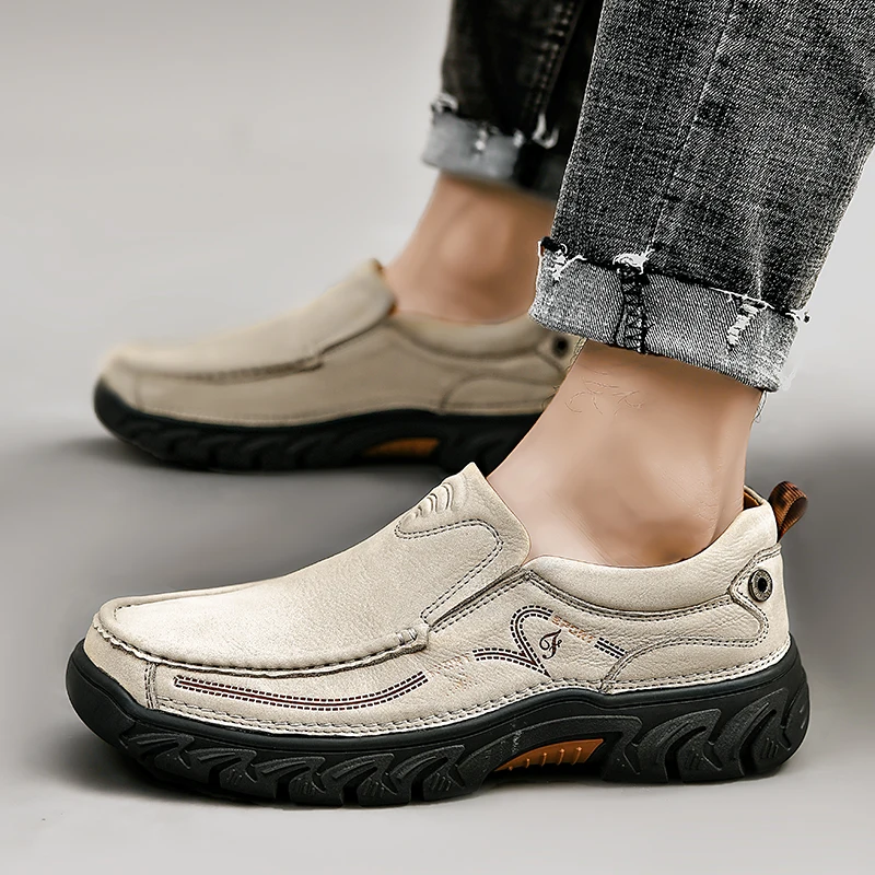 Manlootai Genuine Leather Men Casual Shoes Sneakers High Quality Mens Loafers Cowhide Breathable Driving Shoes Plus Size 38-45