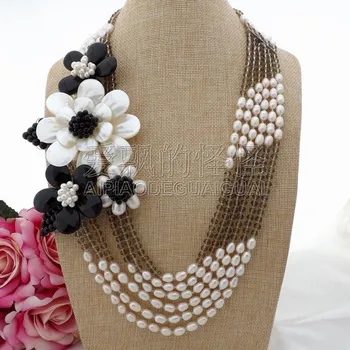 

N090602 25" 6 Strands White Rice Pearl Onyx Shell Flower Statement Necklace