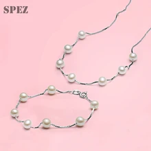 Белый жемчужный комплект ювелирного изделия с натуральным камнем пресноводный круглый жемчуг 7-8 мм стерлингового серебра 925 ожерелье браслет для женщин подарок