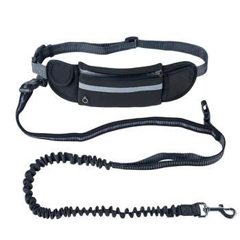 

Hands Free Dog Running Leash with Waist Pocket Adjustable Belt Shock Absorbing Bungee Fits up to 45inch Waist black