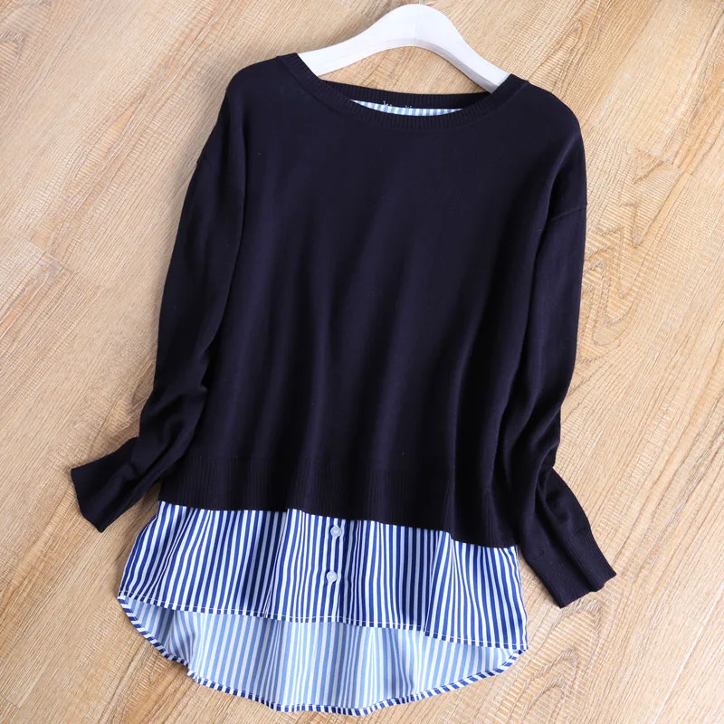 

Women Loose Knited Tops Pullovers Sweater Fake Two Pieces O Neck Autumn Winter Casual High Quality Sweaters Pink Black