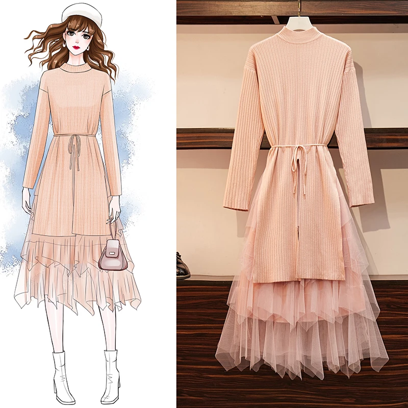 

2019 Autumn Winter Women Sweater Straped Mesh skirt Sets Solid Spring Casual Two Piece Set Loose Pullover Knit Dress Suit