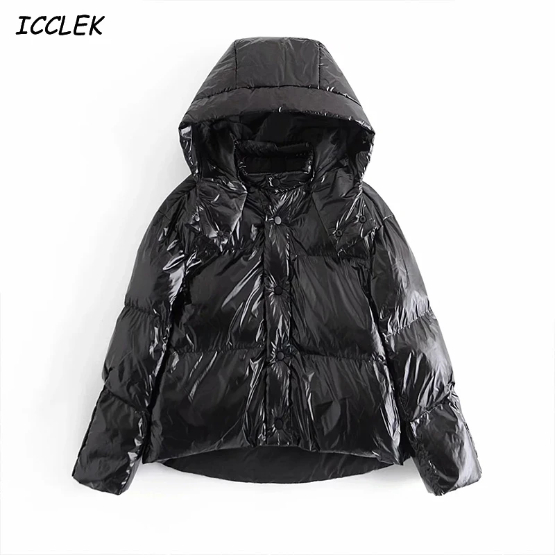 

Winter 2020 Weman's Shining Parkas Hoodies Black Jackets Female Long Sleeve Coats Thick Casual Loose Outerwear Hoody Clothing Za