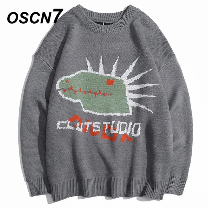 

OSCN7 Funny embroidery Sweaters Men 2019 Autumn High Streetwear Fashion Mens Pullovers Round Neck Vintage Sweaters 6902