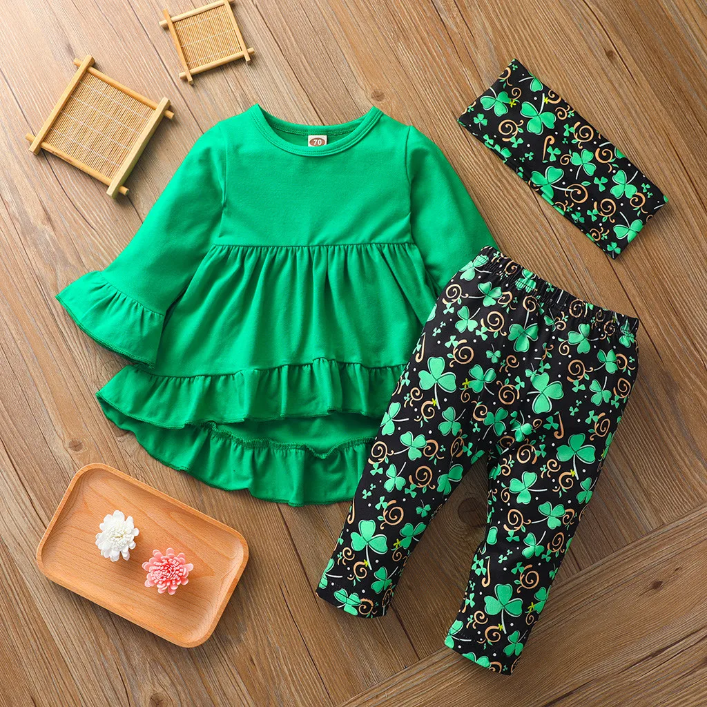 

St Patricks Day Baby Girl Clothing Set Long Sleeve Green Tunic Legging Pants Newborn Girl Outfits Green Casual Clothes For Girl